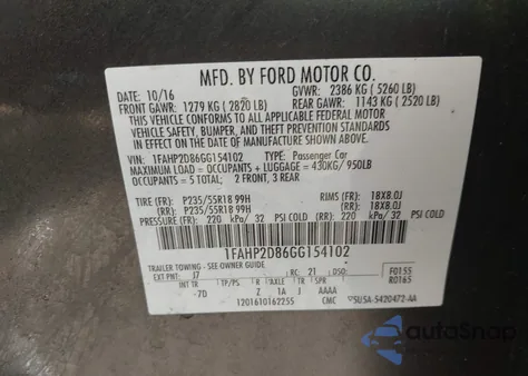 2016 Ford Taurus Se из США, поврежденный, VIN 1FAHP2D86GG154102